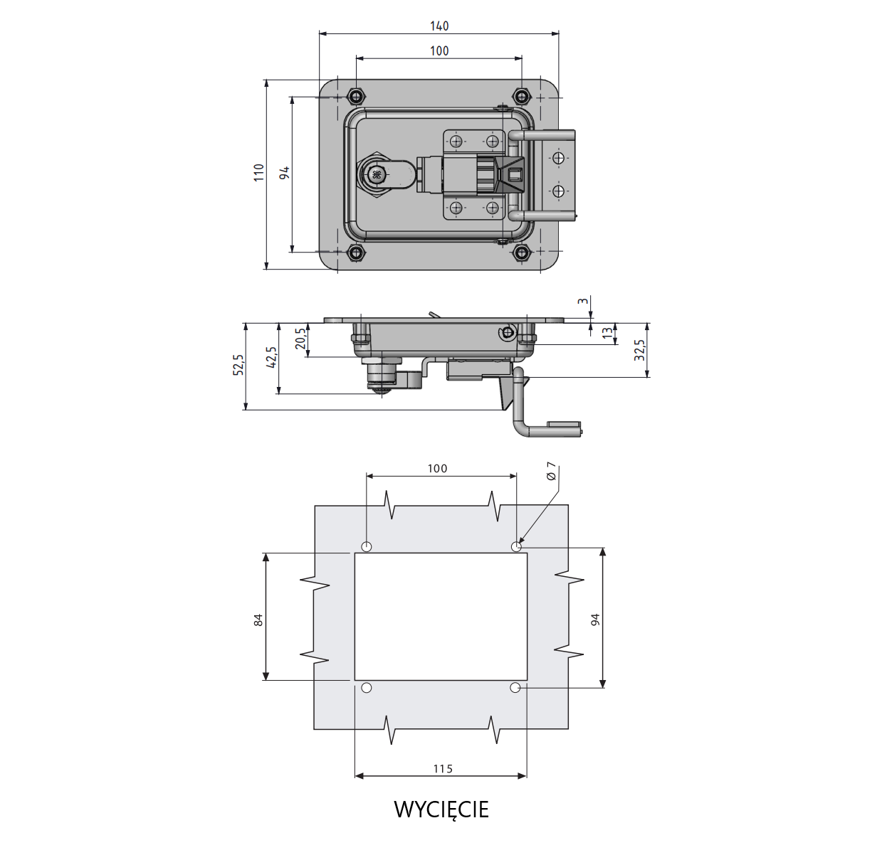 Zamek zatrzaskowy na klucz INOX wycięcie 115x84mm (wymiary 140x110mm) - obrazek 2